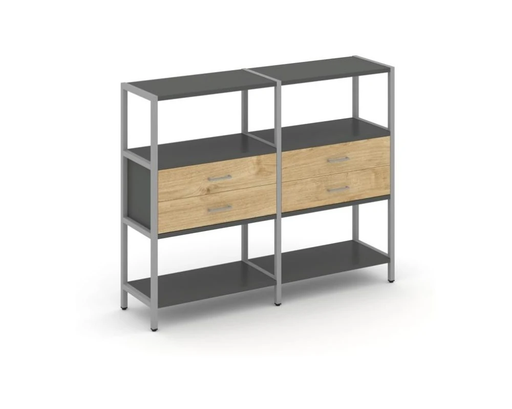 Двухсекционный стеллаж трехярусный с ящиками на одном ярусе 1590х400х1246 Шелф Систем / Shelf System