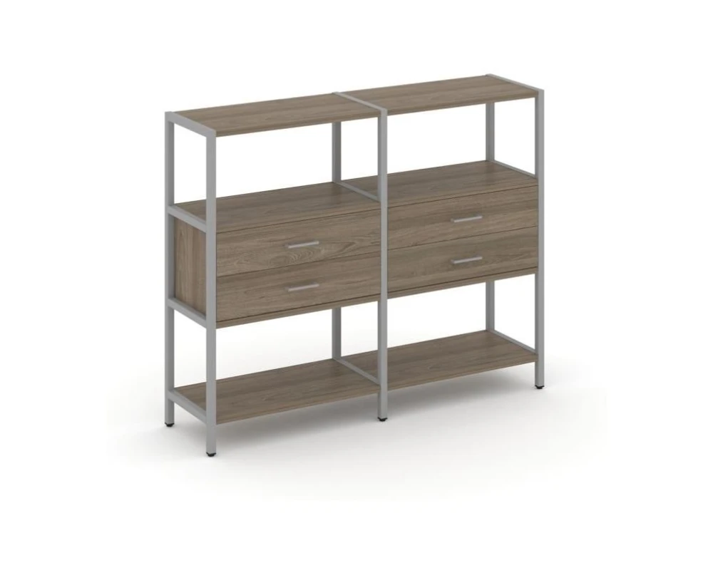 Двухсекционный стеллаж трехярусный с ящиками на одном ярусе 1590х400х1246 Шелф Систем / Shelf System